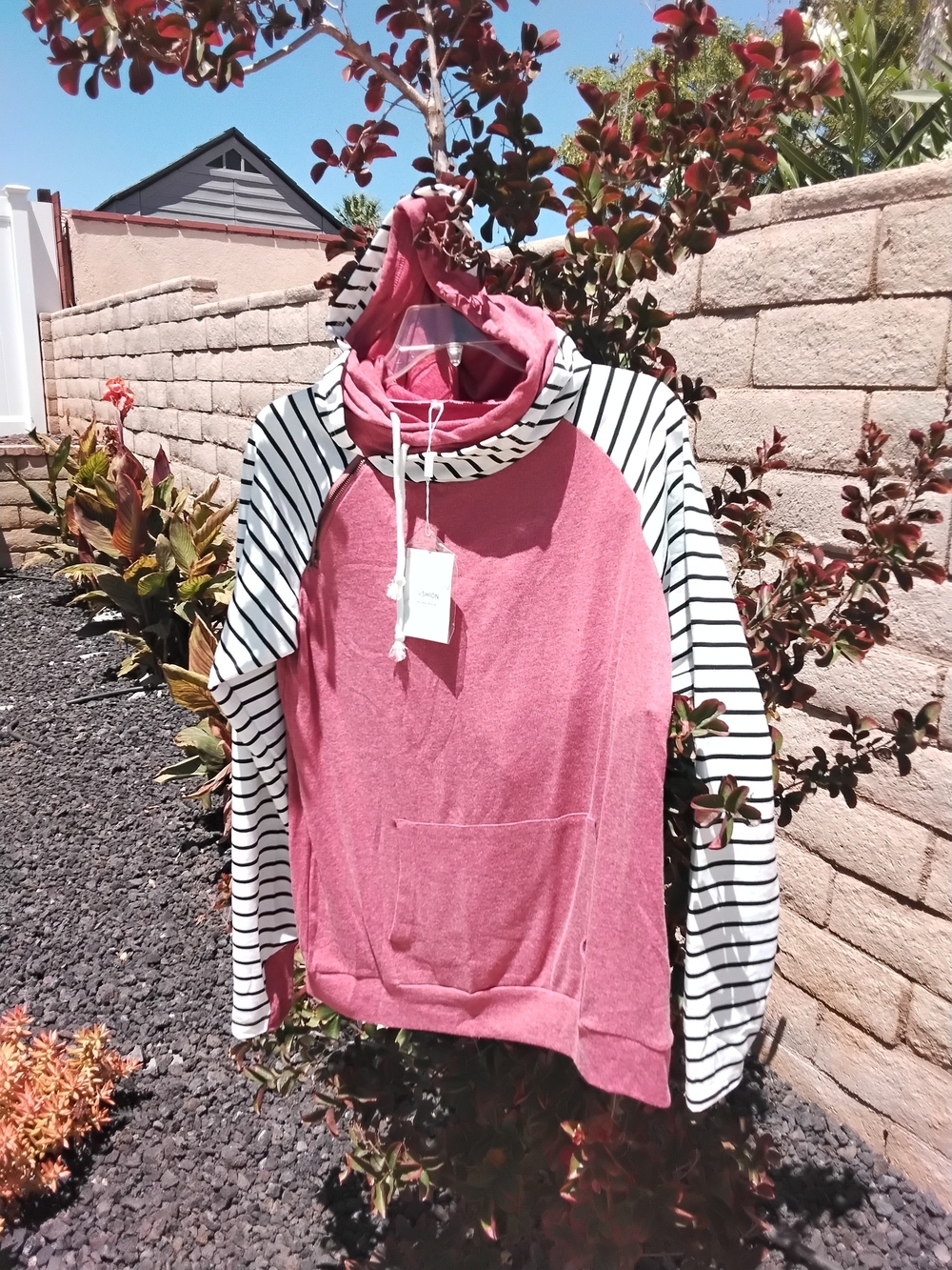 Striped-Sleeve Pink Hoodie with Cowl Neck NWT Size Large
